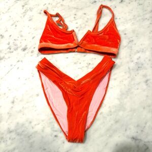 ONEONE NEON Orange Velvet V-Wire Bikini Set High Cut Cheeky Two Piece Small